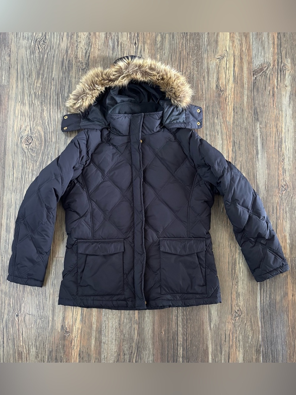 Lands End Diamond Quilted Down Winter Puffer Jacket Womens L Black Gold Faux Fur
